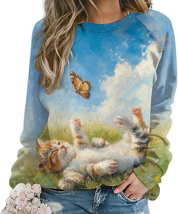 ZOCAVIA Cat Sweatshirts for Women Fall Fashion Casual Crewneck Pullover Tops Butterfly Floral Graphic Y2K Long Sleeve T Shirt
