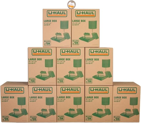 U-Haul Large Moving Boxes - Pack of 10 Boxes - 18 x 18 x 24- Bonus Roll of Tape Included