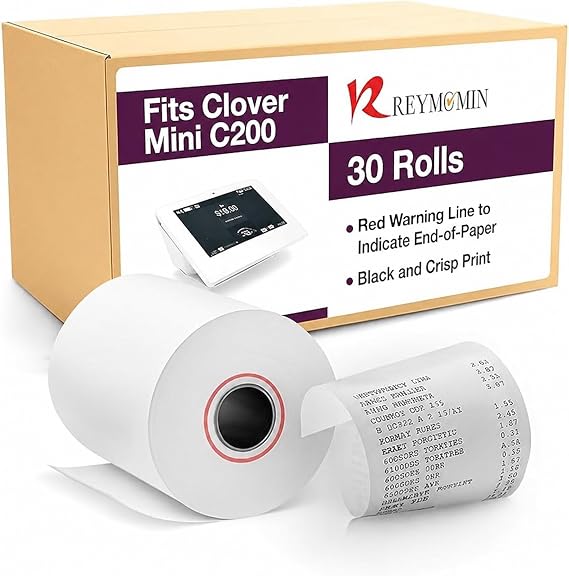 Receipt Paper for Clover Mini and Clover Mobile Thermal Printer - Receipt Paper Rolls Compatible with Clover Mini POS models C200, C300, C301, C302, C305 (30 Rolls)