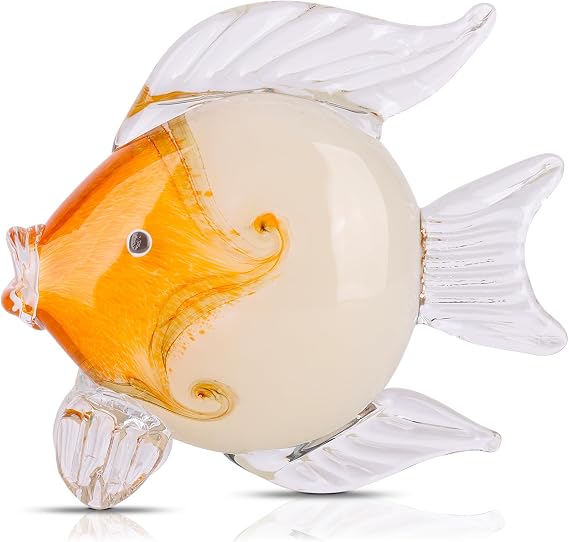 Large Glass Fish Figurines Hand Blown Glass Fish Statue and Sculpture Home Decor, Murano Animal Tropical Sea Glass Paperweights for Desk, Glass Aquarium Coastal Beach Decorative (light Orange)