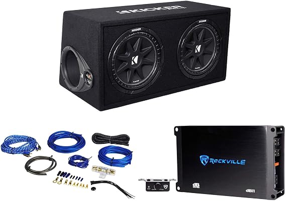 Kicker 43DC122 Comp Dual 12" Subwoofers in Vented Sub Box Enclosure, 2-Ohm Bundle with Rockville dB11 1400W Peak Mono 2-Ohm Car Amp and Bass Remote and RWK81 8 Gauge Amp Installation Kit
