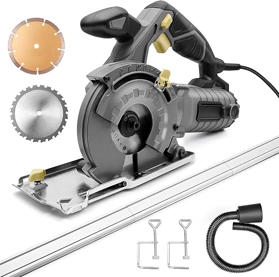 7.5 AMP Mutil-Purpose Plunge Circular Saw, Marble Track Saw with 115mm Diamond Blade, Dust Exhauster Pipe, 2x Extender 3 * 40mm Tracks