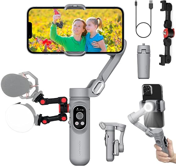Aochuan Smart X Gimbal Stabilizer Compatible with iPhone 13 12 PRO MAX XR Android, Three-Section Soft Fill Light Zoom Control Vlog Youtuber Live Video Record with Dual Cold Shoe Mount and Tripod