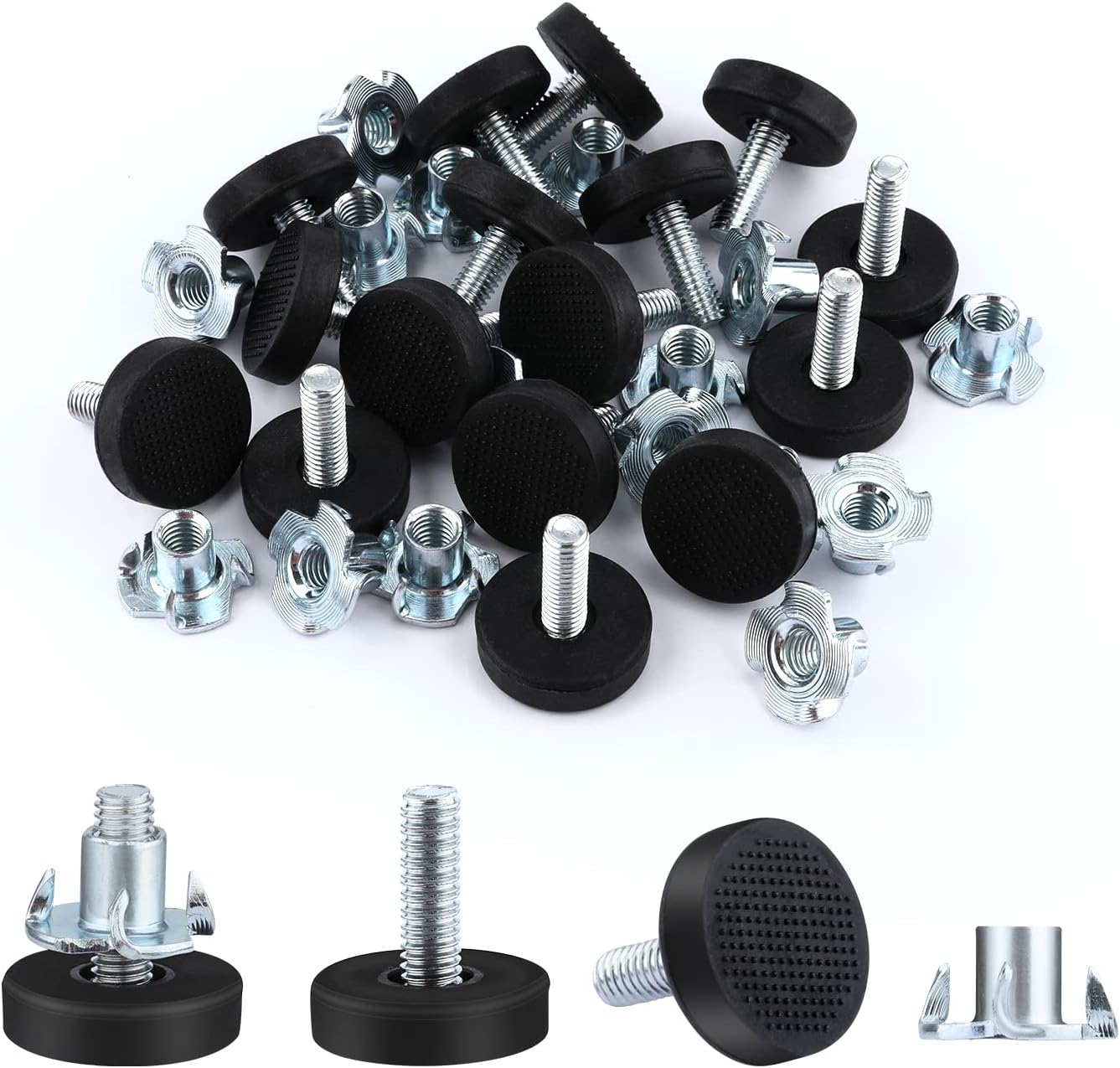 AIEX Adjustable Furniture Levelers, 16pcs Leveling Feet Screw in Chair Feet with T-Nuts Table Chair Leveler Furniture Glide Leveling Feet for Furniture Leg CupboardMetric M6