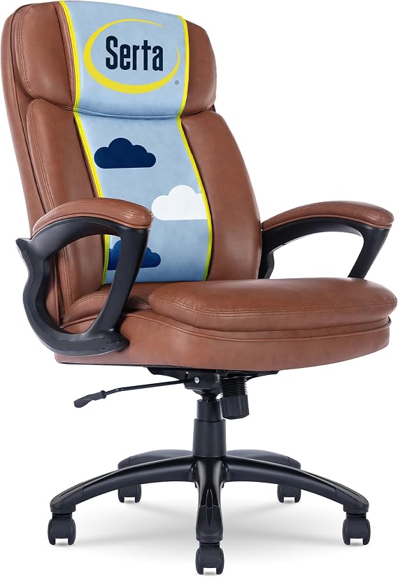 Serta Fairbanks Big & Tall Executive Office Chair, Ergonomic High-Back with Lumbar Support, Semi-Plush Seat Cushion and Body Pillows, Padded Armrests, Nylon Swivel Base, Bonded Leather, Cognac Brown