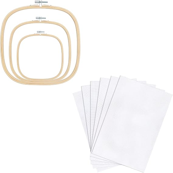 Caydo 3 Pieces 3 Sizes Square Embroidery Hoops with 6 Pieces Aida Cloth 14 Count White Cross Stitch Fabric for Craft Embroidery, Handmade Needlework, DIY Handicrafts, 12 by 18-Inch