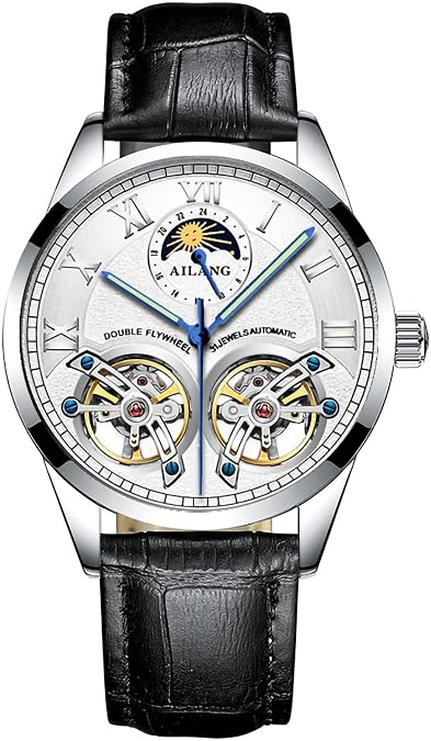 AILANG Men's Skeleton Watches Automatic Mechanical Watch with Dual Balance Wheels (Silver White)