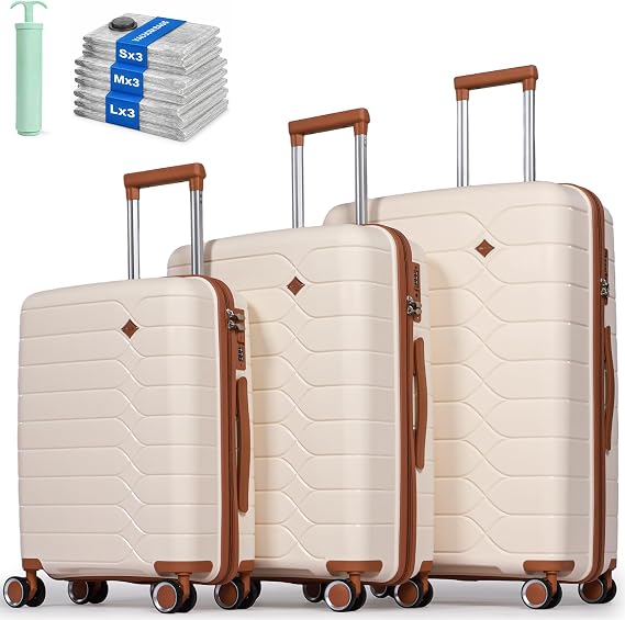 3 Piece Luggage Sets PP Hardshell Lightweight Suitcase Sets with 4 Durable Spinner Wheels Travel Trolley Suitcase with TSA Lock Hold Luggage-20’’+24’’+28’’, Beige
