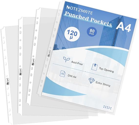 A4 Punched Pockets Clear 80 PCS,120 Micron Heavy Duty Poly Pockets Folders,Transparent Top Opening Plastic Wallet Sleeves with 11 Holes for Lever Arch Files &Ring Binders Document Protection