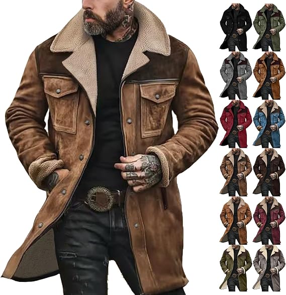Mens Jacket Smart Casual Vintage Faux Suede Trench Coat Long Plush Winter Warm Coats Outdoor Fleece Lined Jacket with Pockets