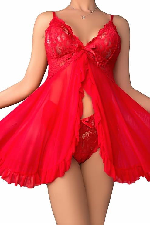 Lace Babydoll Lingerie Set Deep V Sleepwear Bow Ruffled Nightgown Panties