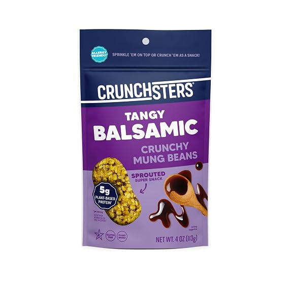 Crunchsters Crunchy Sprouted Mung Beans, Plant-Based Protein Super-Snack and Salad Topper, Gluten-Free, Nut-Free, Vegan, 6g Protein per Serving, 4oz. Bags (4 Ounce (Pack of 1), Tangy Balsamic)