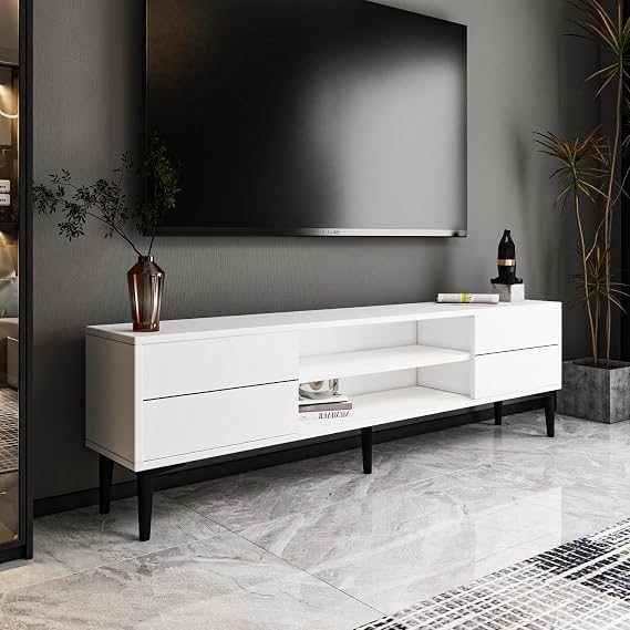 Aragon Modern TV Sehpası – 140 cm, 2 Kapaklı + 2 Açık Raflı, Siyah & Beyaz Renk Seçenekli Tv Ünitesi, Beyaz