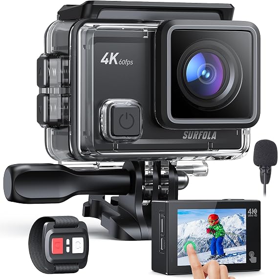 Surfola Action Camera, 4K60fps - 20MP Resolution, EIS 6-Axis Image Stabilization, Touch Panel Type, 8x Digital Zoom, External Microphone, Remote Control, Built-in WiFi, Image Stabilization, Depth 144.4 ft 40 m, Two 1350 mAh Batteries, Underwater Camera, 170 Degree Wide Angle, Wearable Camera