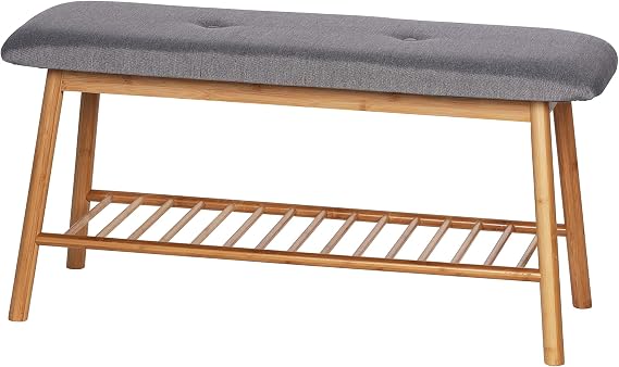 WENKO Entryway Bench with Shoe Storage, Shoe Storage Bench, Shoe Bench with Padded Seat, Bamboo Shoe Rack, Shoe Shelf, Grey, 90 x 45 x 34 cm