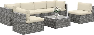 SUNVIVI OUTDOOR 7 Piece Patio Furniture Sets All Weather Gery PE Wicker Couch Sofa with Glass Table, Removable Beige Cushions, Brown Rattan