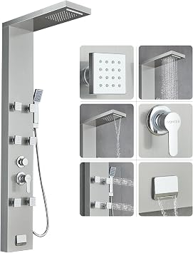 Stainless Steel Shower Panel Tower System, Rainfall Waterfall Shower Head, Tub Spout & Handheld, Jet Massage Feature