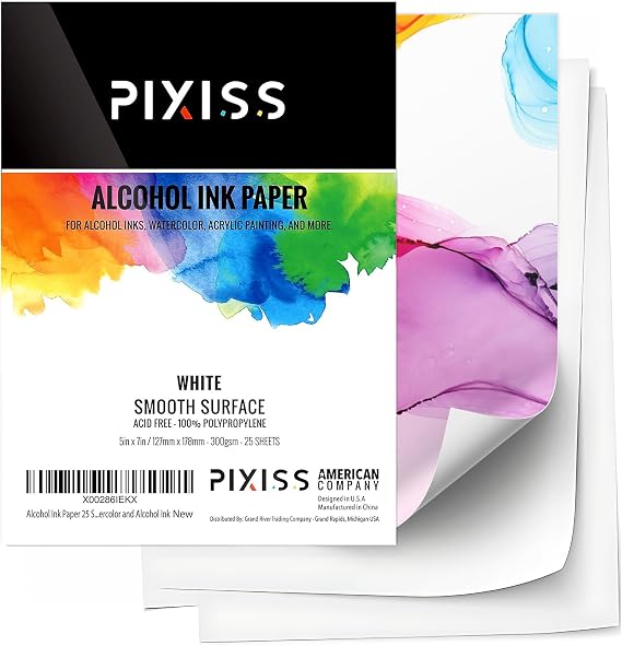 White Alcohol Ink Paper - 25 Sheets Pixiss Heavy Weight Art Paper for Alcohol Ink & Watercolor - Extra Smooth Synthetic Paper A4 5x7 inches, 300gsm