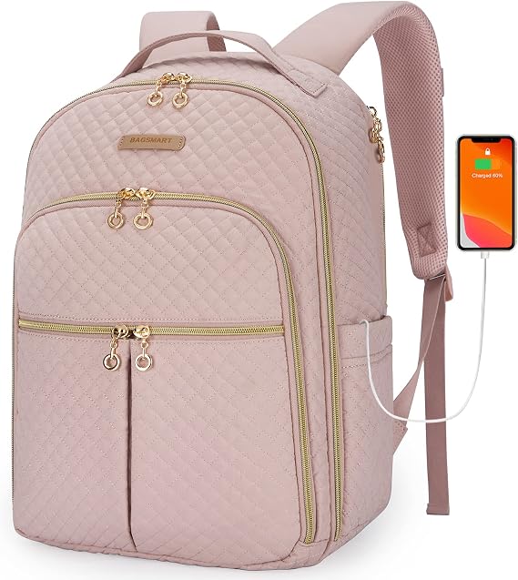 BAGSMART Laptop Backpack Women, Lightweight Travel Backpack for Women, 15.6" Multi-compartment Black College Backpack Stylish Bookbag with USB Charging Hole, Pink