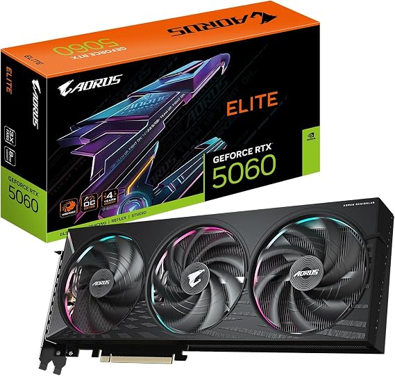 GIGABYTE AORUS GeForce RTX 5060 Elite 8G Graphics Card, 8GB 128-bit GDDR7, PCIe 5.0, WINDFORCE Cooling System, GV-N5060AORUS E-8GD Video Card