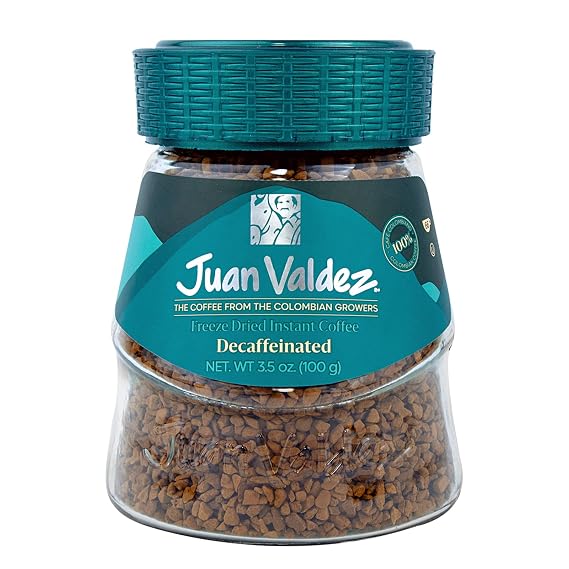Juan Valdez Decaffeinated Freeze Dried Coffee | 100% Colombian Arabica Beans | 100% Colombian Coffee | 3.5 oz / 100 gr Jar | Rich Flavor, Naturally Decaf with Sugarcane