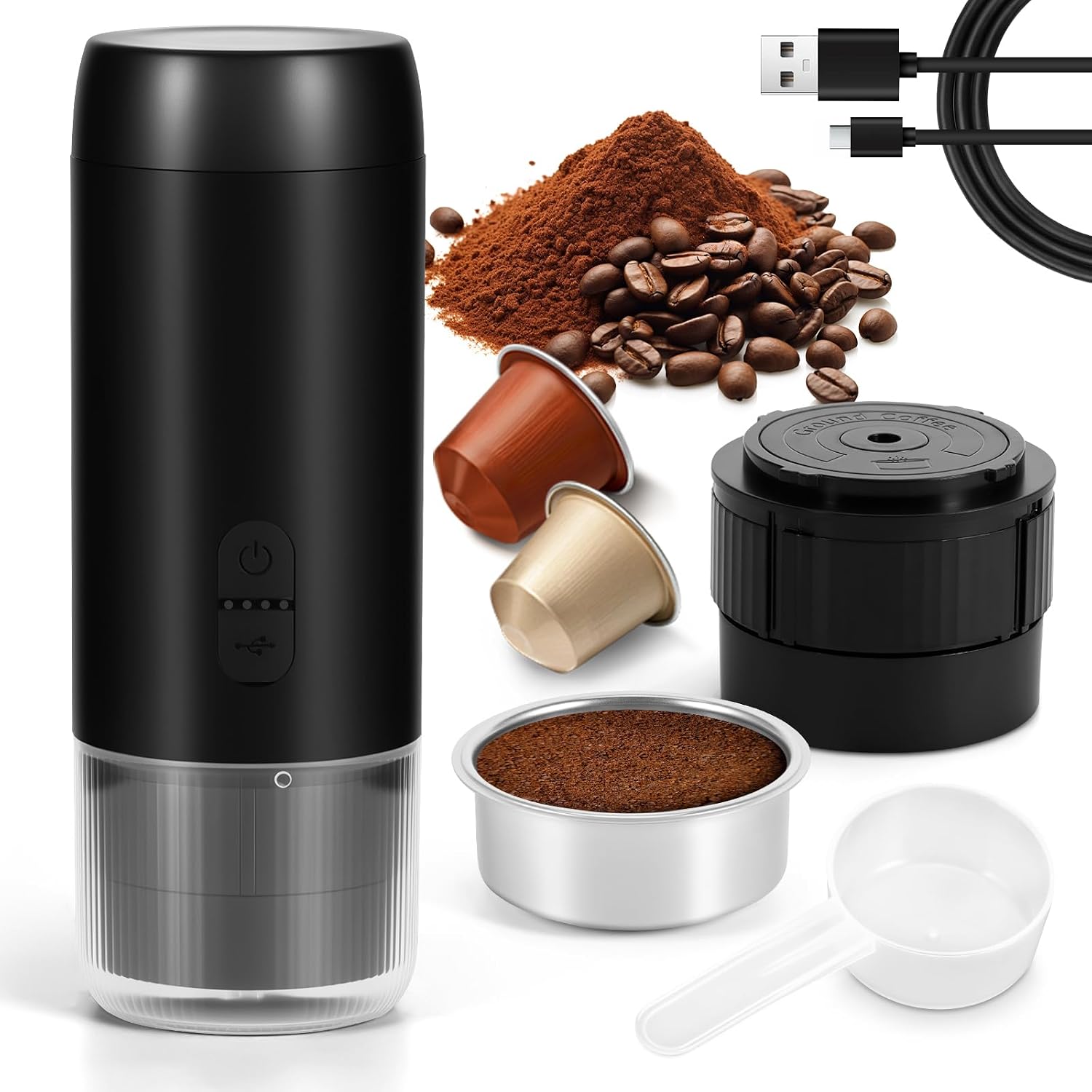 ZONJIE Portable Coffee Maker - USB Rechargeable Travel Espresso Coffee Maker Compatible with Ground Coffee & Capsule, 20 Bar Mini Portable Espresso Machine for Camping, RV, Hiking, Home, Office