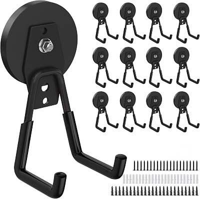12 Pcs Magnetic Hooks Heavy Duty, Large Strong Magnetic Storage Hook for Hanging Garage Tool, 66mm Magnet Hooks with Anti-Slip Coating, Magnetic Holder for Power DrillMetal CabinetGarden Tools