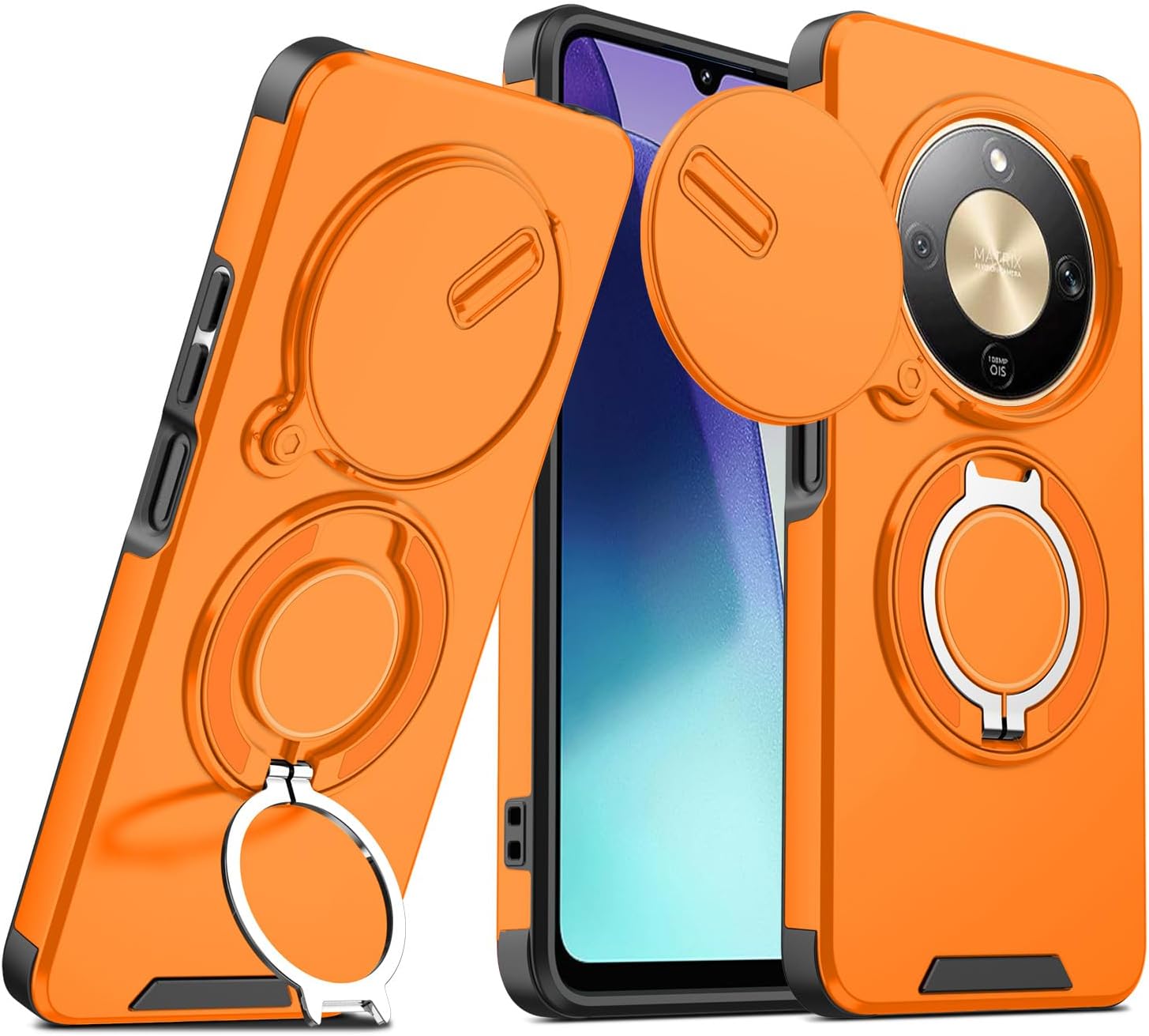 Honor Magic 8 Lite対応 スタンド付きケース 高耐久 耐衝撃携帯電話ケース Honor Magic 8 Lite用 カメラカバー付き オレンジ