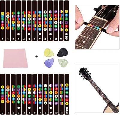 2 Sheets Guitar Fretboard Stickers, Learn Guitar Tabs, For Beginners Guitar Note Decals Sticker Tool  8 Guitar Picks Electric & Acoustic Guitars