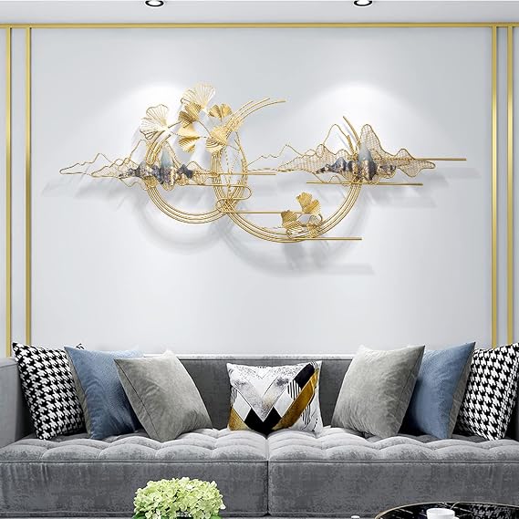 Metal Ginkgo Wall Decoration Handmade 3D Leaves Wall Art for Living Room or Bedroom, Modern Wrought Iron Wall Jewelry, 150 × 59 cm