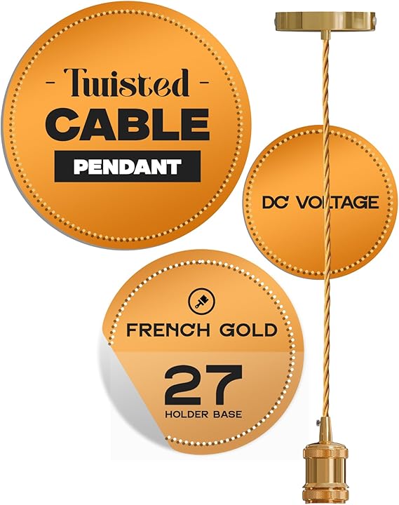 French Gold E27 Pendant Light Fitting with 2m Twisted Cable | Adjustable Ceiling Hanging Lamp Holder for Kitchen Island, Dining Room, Living Room, Café & Bar [Energy Class A]