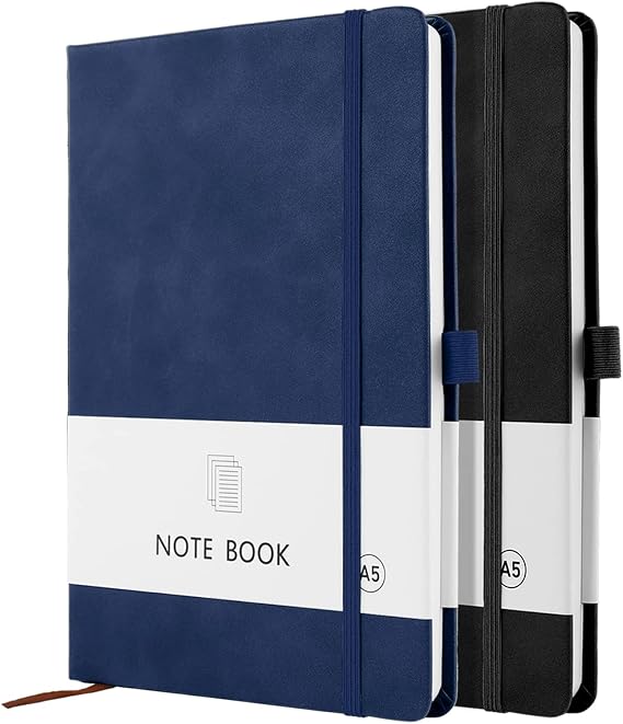 A5 Notebook, 2 Pack Notebook A5 200 Pages 100 GSM Journal Notebook Hardback Notepad with Bookmark, Pen Loop, and Elastic Closure (Black+Blue)