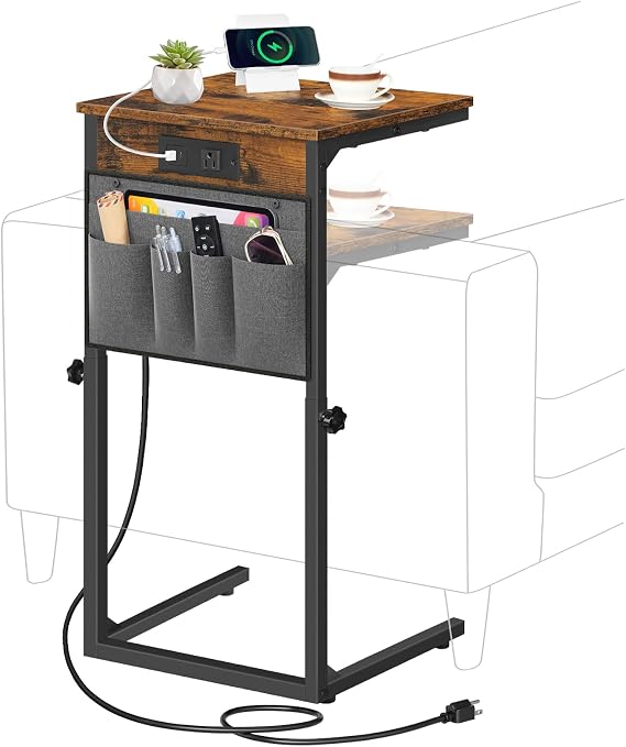 HOOBRO Side Table for Couch, Adjustable Height C Shaped End Table | Charging Station, Storage Pockets, Slide Under Couch Table, Sofa Armrest table for Living Room, Bedroom, Rustic Brown