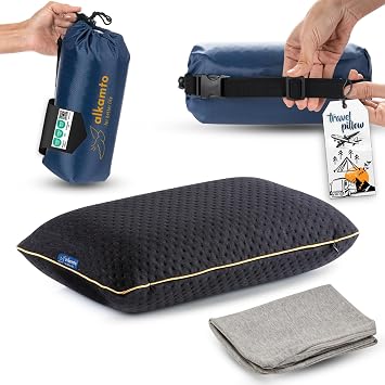 alkamto Travel & Camping Comfortable Memory Foam Pillow Easy to Carry Portable Bag Temperature Regulating Pillow Case (Black + Extra Cover)