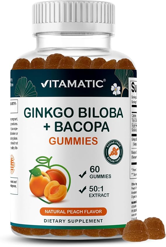 Vitamatic Ginkgo Biloba & Bacopa Gummies Plant-Based Botanical Extract Natural Peach Flavor Vegan, Non-GMO, Gluten-Free Herbal Supplement 60 Count
