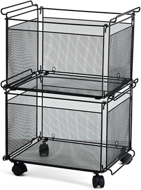 Artesa Presa Rolling Collapsible Stackable File Storage Organizer Basket, Set of 2, Black