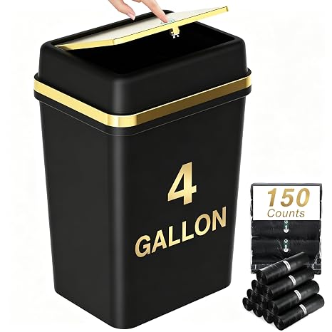Bathroom Trash Can with Lid 4 Gallon Black Trash Can with Press Top Lid Bedroom Trash Can Small Garbage Can with 150 Counts Trash Bags for Small Bathroom Bedroom Office
