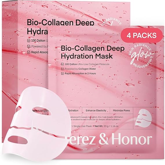 TEREZ & HONOR Real Deep Bio Collagen Face Mask - 4 x 33g Korean Hydrogel Overnight Masks for Deep Hydration, Glowing, Pore Minimizing, Elasticity, Fragrance-Free, 100 Da Ultra-Low Molecular Collagen