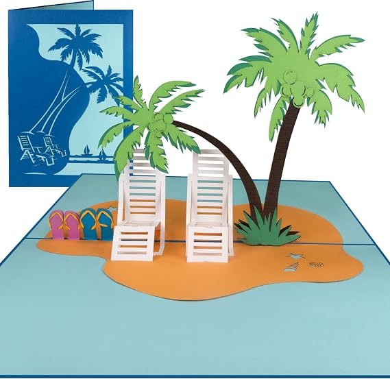 Pop-Up Card Beach & Palm Trees - 3D Greeting Card for Birthday Travel and Relaxation - Perfect as a Voucher and Money Gift for Holidays by the Sea or Island Holidays - 024