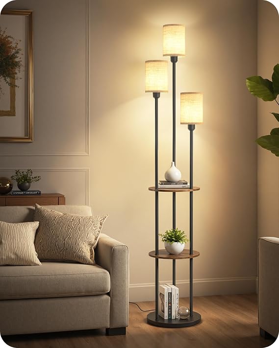 Floor Lamp with Shelves, Industrial Floor Lamp with 3 Linen Shades and Foot Switch, 3-Light Standing Lamp, for Living Room, Bedroom, Study, Rustic Brown and Beige ZEF53LDK05 [Energy Class F]