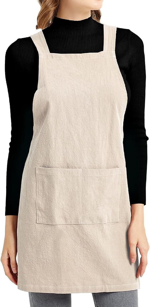 ELEZAY Aprons for Women with Pockets Plus Size Comfort Cross Back No Tie Cotton Linen Apron Pinafore