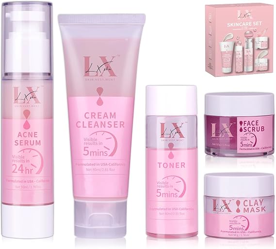Skin Care Set - 5 Step Skincare with Cleanser, Face Scrub, Clay Mask,Toner & Acne Treatment for Teens and Adults