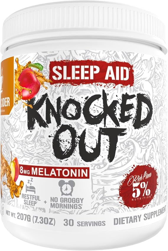 5% Nutrition Rich Piana Knocked Out Natural Sleep Aid | Post-Workout Recovery & Deep Sleep Supplement | GABA, Melatonin, Chamomile, Tyrosine, 5-HTP, More | 7.2 oz, 30 Servings (Apple Cider)