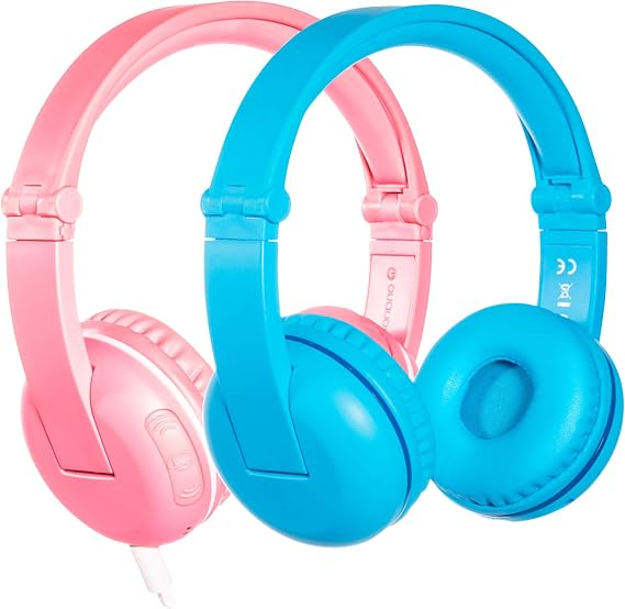 ONANOFF BuddyPhones Play, Wireless Bluetooth Volume-Limiting Kids Headphones, 18-Hour Battery Life, 4 Volume Settings, Anti-Allergic Earpads, BuddyCable for Sharing, Blue and Pink