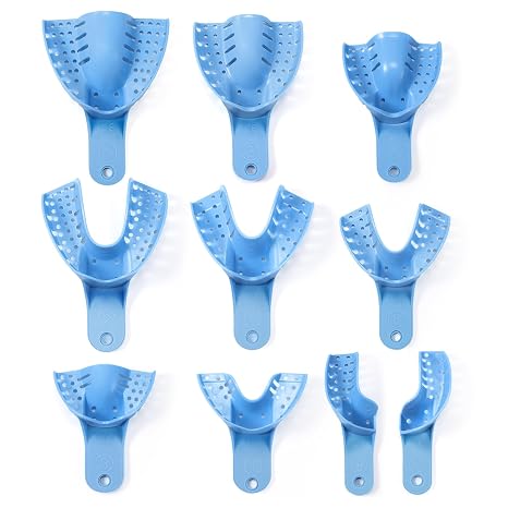 Annhua Dental Impression Trays Disposable 10 PCS, Perforated Impression Trays Set Plastic Teeth Holder for Dental Clinic, Lab Equipment, Dental Students - Blue