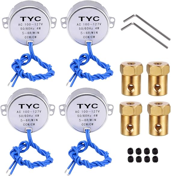 REENFAYA 4PCS Synchronous Synchron Motor Turntable Motor 110V Motor, 50/60Hz AC 100~127V 4W CCW/CW with 7MM Flexible Coupling Connector for Cup Turner,Cuptisserie,Tumbler Cup Rotator (5-6RPM)