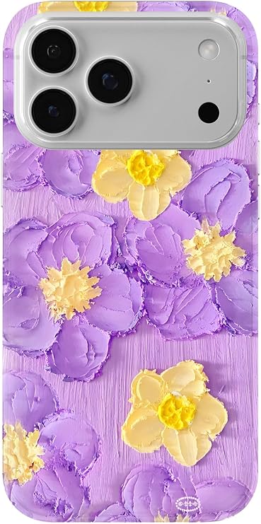 iPhone 17 Pro Max ile Uyumlu Mor Sarı Çiçek Desenli Şeffaf Telefon Kılıfı