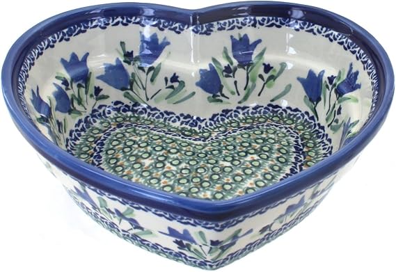 Blue Rose Polish Pottery - Blue Tulip Large Heart Bowl - 8.5" Diameter - Decorative Gift for Weddings, Anniversaries & Special Occasions