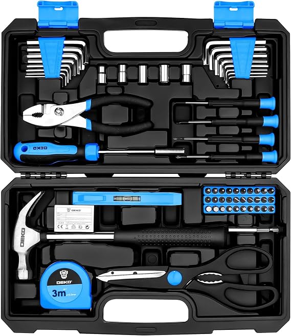 DEKO Tool Kit：Tool Set, Hand Tool Kit Box DIY for Men 62 Pieces, Home Repair DIY Tools Basic Hand Toolbox Sets for Home Blue