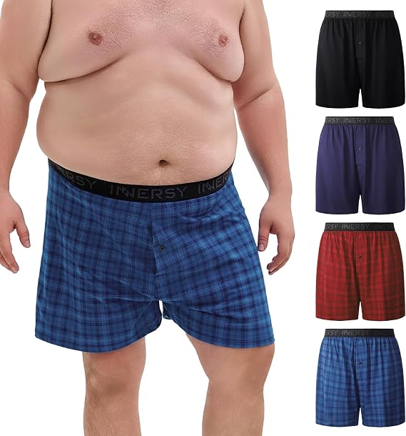 INNERSY Big and Tall Cotton Boxers for Men Loose Fit Underwear 4-Pack